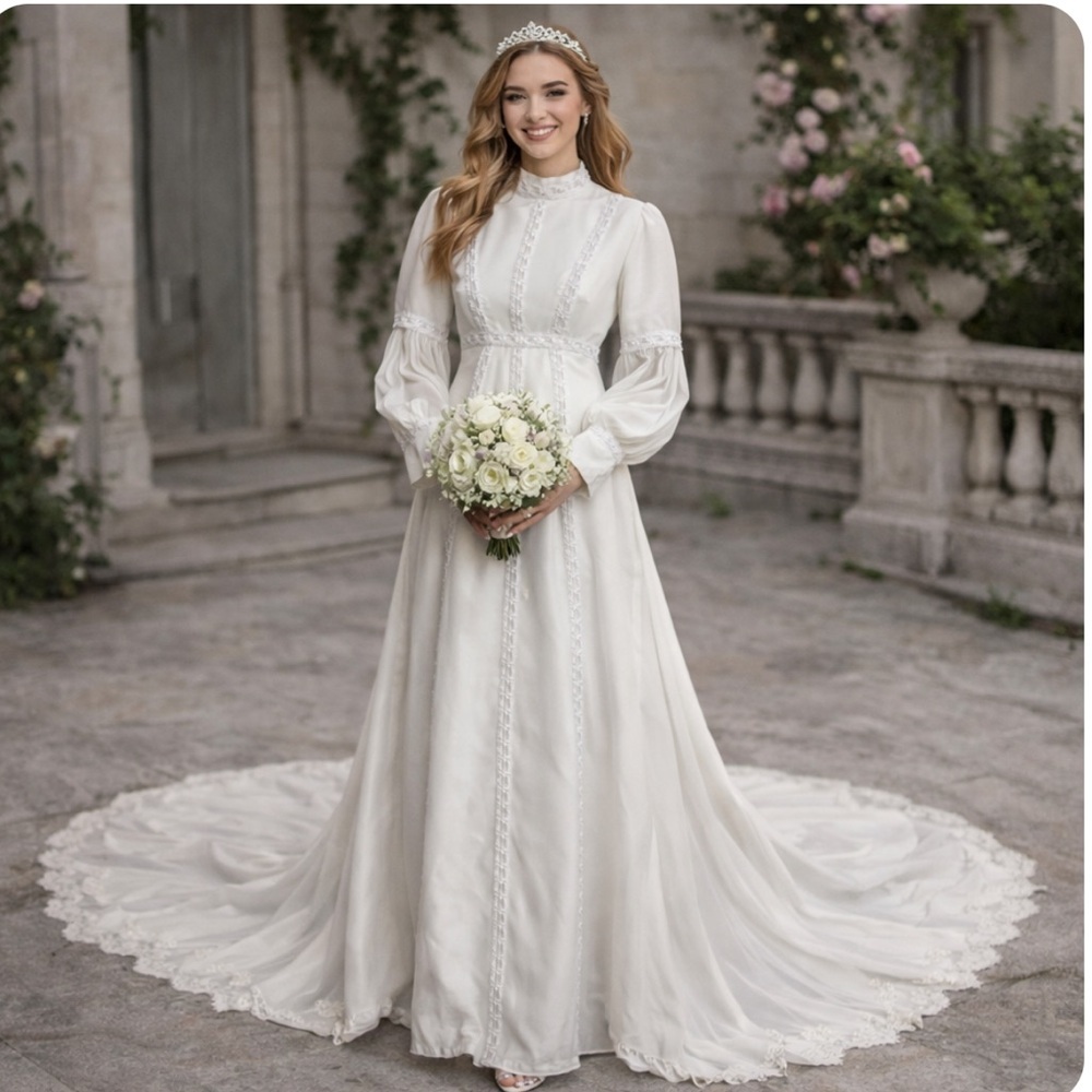 Vintage GUNNE SAX White Bride’s Wedding Gown w Flowing Train